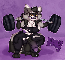 anthro areola balls barbell barbell_piercing big_breasts blush bodily_fluids bra breast_tuft breasts cheek_tuft chest_tuft clenched_teeth clothing crotch_tuft crouching ear_piercing ear_ring exercise eyebrow_scar eyebrows eyelashes facial_markings facial_scar facial_tuft fur genital_fluids genitals glistening_eyelids gloves_(marking) hair head_markings inner_ear_fluff intersex leaking_precum long_eyelashes long_hair markings mask_(marking) medial_ring motion_lines multicolored_body multicolored_fur nipple_piercing nipples onomatopoeia penis piercing precum purple_blush purple_nipples purple_tongue ring_piercing scar solo sound_effects sports_bra striped_markings striped_tail stripes struggling sweat sweatdrop tail tail_markings teeth text thick_eyebrows throbbing throbbing_balls throbbing_penis tongue torn_clothing tuft underwear wardrobe_malfunction weightlifting workout yellow_eyes sludgecentric dutchy_(sludgecentric) mammal procyonid raccoon absurd_res hi_res