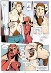 anthro big_ears black_nose blonde_hair blue_bottomwear blue_clothing body_hair bottomwear bovid bovid_horn brown_hair bulge caprine caprine_horn chest_hair clothed clothing comic covering covering_mouth covering_own_mouth covering_self curved_horn deer dialogue door doorknob duo english_text eyebrows facial_hair falcon_mccooper femboy fur goatee green_eyes hair happy_trail horn jesse_(falcon_mccooper) jorges_(falcon_mccooper) larger_male long_hair male mammal mostly_nude muscular muscular_anthro muscular_male navel nipples nude open_mouth open_smile pink_nipples pink_nose pubes ram_horn scar size_difference slim smaller_male smile speech_bubble surprise tan_body tan_fur teeth text topless topless_male towel towel_only underwear url walk-in