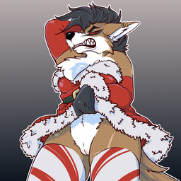 anthro christmas_clothing clothed clothing clothing_lift dress dress_lift female genitals holidays inner_labia solo teeth vulva hirothedragon christmas archantael_(pangolinfox) canid canine canis coyote fox mammal 1:1 hi_res