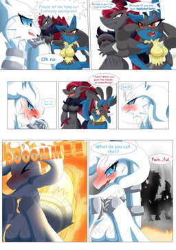 anthro blush bodily_fluids breasts bullying crying dialogue duo fart female female/female fire fire_fart laugh sad tears text heavenlyproductions nintendo pokemon generation_4_pokemon generation_5_pokemon legendary_pokemon lucario pokemon_(species) reshiram zoroark absurd_res comic english_text hi_res