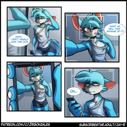 anthro armpit_hair biped blue_body blue_fur blush body_hair clothed clothing dialogue exclamation_point eyebrows fingers fur humor male multicolored_body multicolored_fur orange_eyes photo pupils solo text the_truth tongue tongue_out white_body white_fur jay-r jay-r_(character) canid canine fox mammal 1:1 comic english_text hi_res multiple_scenes