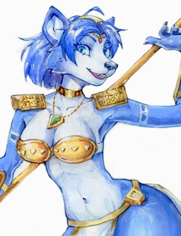 anthro blue_body blue_eyes blue_fur blue_hair bottomwear cheek_tuft clothed clothing eyelashes facial_tuft fangs female front_view fur glistening glistening_eyes gold_accessory hair holding_object jewelry light_body light_fur loincloth looking_at_viewer necklace open_mouth open_smile shoulder_pads simple_background skimpy smile solo standing teeth tuft unsigned white_background akatan_art nintendo star_fox krystal_(star_fox) canid canine fox mammal half-length_portrait hi_res portrait traditional_media_(artwork)