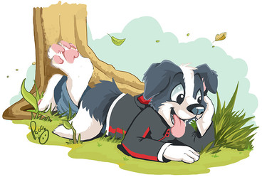 anthro black_nose blue_bottomwear blue_clothing blue_pants bottomwear clothed clothing floppy_ears fur grass grey_body grey_clothing grey_fur grey_topwear leaf logo lying male male_anthro on_front open_mouth open_smile outside pants pawpads pink_pawpads plant smile solo tongue tongue_out topwear tree white_body white_fur young young_anthro young_male pandapaco roni_(imroni) border_collie canid canine canis collie domestic_dog herding_dog mammal pastoral_dog sheepdog artist_logo signature