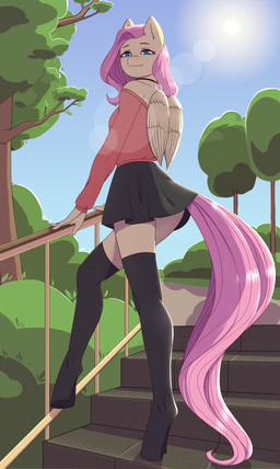 anthro bottomwear choker clothed clothing female hair jewelry necklace outside plant skirt solo stairs sun tail tail_under_skirt tree wings pewas friendship_is_magic hasbro my_little_pony mythology fluttershy_(mlp) equid equine mammal mythological_creature mythological_equine pegasus absurd_res hi_res