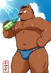 alcohol anthro beer beer_bottle beverage blue_clothing blue_speedo blue_swimwear blush bodily_fluids bottle brown_body bulge clothing container humanoid_hands kemono male navel nipples outside slightly_chubby solo speedo sun sweat swimwear ch_ia_ki heineken bear mammal 2022 absurd_res hi_res