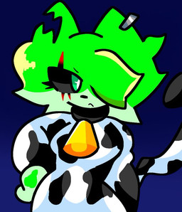 animal_print annoyed anthro bell bell_collar black_sclera bodysuit breasts clothing collar cow_print ear_piercing eyebrows eyelashes female fur green_body green_eyes green_fur medium_breasts multicolored_body multicolored_fur piercing scar simple_background simple_coloring skinsuit solo spots standing tight_clothing chipiskully_zzz katy_(chipiskully) domestic_cat felid feline felis ghost mammal spirit 2025 colored digital_drawing_(artwork) digital_media_(artwork) half-length_portrait portrait shaded simple_shading