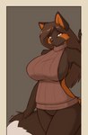 anthro areola areola_slip bedroom_eyes big_breasts big_tail biped black_nose border bottomless bottomless_anthro bottomless_female breasts brown_areola brown_body brown_clothing brown_ears brown_fur brown_hair brown_sweater brown_tail brown_topwear cheek_tuft clothed clothing curvy_figure dipstick_tail doorway facial_tuft featureless_crotch female female_anthro fingers fluffy fluffy_tail front_view fur grey_background hair hand_on_tail holding_tail huge_breasts humanoid_hands long_hair looking_at_viewer markings monotone_hair multicolored_body multicolored_fur multicolored_tail narrowed_eyes orange_body orange_eyes orange_fur orange_inner_ear orange_markings orange_pupils orange_tail pupils ribbed_clothing ribbed_sweater seductive simple_background smile snout solo standing sweater sweater_only tail tail_markings three-quarter_view topwear topwear_only tuft virgin_killer_sweater voluptuous white_body white_border white_fur white_tail white_tail_tip wide_hips starfighter meme_clothing miriam_(starfighter) canid canine fox mammal 2021 colored digital_media_(artwork) hi_res meme portrait shaded signature three-quarter_portrait