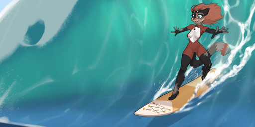 anthro biped breasts clothed clothed_anthro clothed_female clothing day female front_view fur hair outside sky smile solo standing surfing tail teeth tongue water askart mammal 2026 absurd_res digital_drawing_(artwork) digital_media_(artwork) hi_res