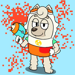 anthro aviator_glasses clothed clothing cosplay crossover_cosplay curled_tail curly_hair eyelashes eyewear female fur glasses gloves hair handwear shadow solo tail tan_body tan_fur tan_hair weapon un.fan.de.blueyxd bluey_(series) brawl_stars supercell_(company) wendy_(bluey) wendy_(brawl_stars) canid canine canis chow_chow domestic_dog mammal spitz 1:1 crossover hi_res