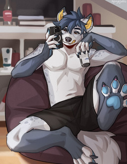 anthro biped claws clothed clothed_anthro clothed_male clothing countershade_torso countershading ear_piercing electronics feet fingers front_view fur hair inner_ear_fluff inside male navel phone piercing sitting solo spots tail toes tongue tuft spuydjeks hyena mammal 2026 digital_drawing_(artwork) digital_media_(artwork) hi_res