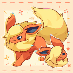 ambiguous_gender bangs blonde_hair blue_eyes feral fluffy fluffy_tail fur hair hair_over_eye heart_symbol one_eye_obstructed orange_body orange_fur paws simple_background solo sparkles tail yellow_body yellow_fur nekogyo122 nintendo pokemon eeveelution flareon generation_1_pokemon pokemon_(species) 1:1 2026 hi_res signature