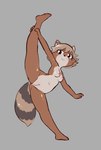 anthro breasts brown_body crossgender female flexible genitals looking_at_viewer mtf_crossgender navel nipples nude on_one_leg one_leg_up pussy raised_leg small_breasts smile solo splits spread_legs spreading standing tail e254e canid canine mammal raccoon_dog tanuki hi_res