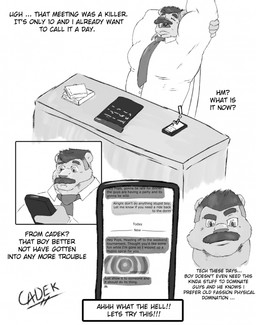 anthro cellphone clothing collared_shirt dress_shirt electronics facial_hair hypnotic_screen hypnotic_swirl male male/male mature_male muscular muscular_male mustache necktie phone shirt simple_background smartphone solo text texting topwear workplace cadek_(artist) dirk_fenrir felid lion mammal pantherine 2025 comic english_text hi_res monochrome father_(lore) father_and_child_(lore) father_and_son_(lore) parent_(lore) parent_and_child_(lore) parent_and_son_(lore) son_(lore)