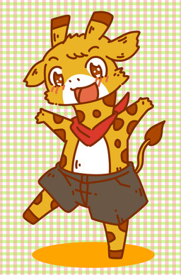 anthro barefoot black_bottomwear black_clothing black_shorts blush bottomwear brown_eyes clothing feet fur happy male open_mouth orange_body orange_fur raised_arms shorts solo tail white_body white_fur 8rapeco_kirin giraffe giraffid mammal 2015 absurd_res hi_res japanese_description