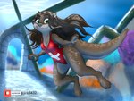 andrea_(viero) anthro black_hair black_nose breasts brown_body brown_fur cleavage clothed clothing female fur hair hi_res lifeguard lifeguard_swimsuit link6432 mammal mustelid one-piece_swimsuit otter smile solo swimwear tail underwater water