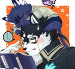 anthro black_body black_fur black_sclera blue_eyes blush book duo ellipsis eyewear fur male monocle multicolored_body multicolored_fur reading short_stack size_difference sleeping izm_rm7 lifewonders tokyo_afterschool_summoners cait_sith_(tas) masanori_(tas) canid canine canis domestic_cat domestic_dog felid feline felis mammal