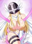 armor big_breasts breasts cleavage clothed clothing cutout feathered_wings feathers female headgear helmet legwear navel navel_cutout not_furry obscured_eyes skimpy solo thigh_highs wings megane_man bandai_namco digimon angewomon digimon_(species)