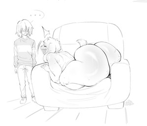 ambiguous_gender anthro armchair big_butt blush bodily_fluids bottomwear breasts butt cellulite chair clothed clothing duo ellipsis eyes_closed female floppy_ears footwear furniture hair hair_over_eyes horn huge_butt nude on_chair pants pattern_clothing pattern_sweater pattern_topwear shoes striped_clothing striped_sweater striped_topwear stripes sweat sweater tail topwear pankekes7 deltarune undertale_(series) chairiel kris_dreemurr toriel boss_monster_(undertale) bovid caprine goat human mammal 2026 hi_res monochrome
