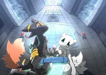 anthro black_body black_fur black_sclera blood blue_eyes bodily_fluids claws colored_blood facial_scar fur markings orange_sclera scar tail tail_markings unusual_blood unusual_bodily_fluids white_body white_fur yellow_blood mttbsmn casualties:_unknown canid canine expie_(gunsawian) gunsawian mammal milky_(gunsawian) absurd_res hi_res