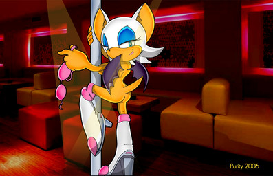 anthro clothing dancing female looking_at_viewer on_model photo_background pole pole_dancing solo undressing auntymoira sega sonic_the_hedgehog_(series) rouge_the_bat bat mammal 2006 mixed_media photography_(artwork)
