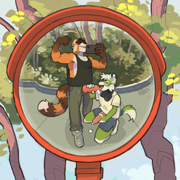 anthro biceps bodily_fluids bottomwear clothed clothing cum cum_in_mouth cum_inside duo erection fellatio flexing flexing_bicep fur genital_fluids genitals green_body green_fur hair knot knotted_penis looking_at_viewer male male/male muscular muscular_anthro muscular_male nature oral outside park penile penis penis_poking_out penis_through_fly public public_sex reflection sex smile tail taking_picture topwear white_body white_fur assparagus kati zelenyy ailurid canid canine canis domestic_dog husky mammal nordic_sled_dog red_panda spitz 1:1 absurd_res hi_res