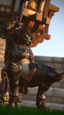 animal_genitalia animal_penis anthro armor armwear balls black_hair black_nose blep blue_eyes brown_body brown_fur canine_genitalia canine_penis clothing crouching digitigrade erection fur genitals grass gynomorph hair hand_on_leg hand_on_thigh intersex knee_pads knot looking_at_viewer low_wall melee_weapon outside penis plant solo stone_wall sword text tongue tongue_out unconvincing_armor wall_(structure) weapon thatworgen blizzard_entertainment warcraft destiney_crawford_(thatworgen) canid mammal werecanid werecreature worgen 2022 3d_(artwork) 4k 9:16 absurd_res autodesk_3ds_max_(artwork) digital_media_(artwork) hi_res url watermark