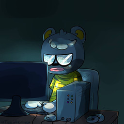 anthro black_body black_fur chair computer electronics eyewear fur furniture glasses male sitting solo toaster_aaa animal_crossing nintendo barold_(animal_crossing) bear mammal 1:1 2020
