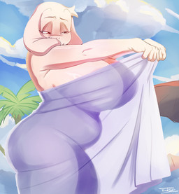 anthro big_breasts biped breasts curvy_figure eyelashes female female_anthro glistening glistening_body huge_breasts mature_anthro mature_female outside palm_tree plant pupils solo thick_thighs towel translucent tree voluptuous white_body wide_hips teapose2 undertale_(series) toriel bovid caprine mammal absurd_res hi_res
