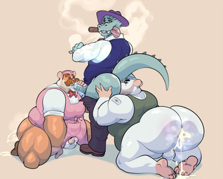 anal anthro anthro_on_anthro anthro_penetrated anthro_penetrating anthro_penetrating_anthro apron arm_tattoo backsack balls bodily_fluids bottomless bottomwear bow_tie butt candy candy_cane cigar clothed clothed_male clothing cum cum_from_ass cum_in_ass cum_inside dessert erection facial_hair fedora fellatio food footwear genital_fluids genitals group group_sex hat headgear headwear humanoid_genitalia humanoid_penis kneeling looking_pleasured male male/male male_penetrated male_penetrating male_penetrating_male mustache oral oral_sandwich pants penetration penile penile_penetration penis red_eyes rimming sex shirt shoes simple_background smile smoke smoking smoking_cigar standing tank_top tattoo threesome tongue tongue_out topwear trio vest conditional_dnp erobos dusk_acres notus_(character) alligator alligatorid cricetid crocodilian hamster mammal reptile rodent scalie 2022 hi_res