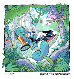 ambiguous_gender anthro blep bug_net clothed clothing female feral group hammock tongue tongue_out nelnal leona_(nelnal) avian bird chameleon lizard reptile scalie hi_res