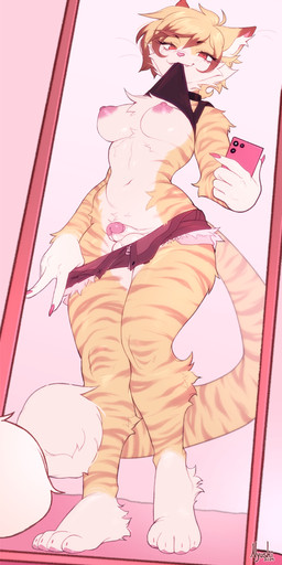 anthro balls blonde_hair bottomwear bottomwear_down breasts bulge cellphone chest_tuft clothed clothing clothing_lift cute_fangs daisy_dukes denim denim_bottomwear denim_clothing denim_shorts dipstick_tail electronics fangs fluffy fluffy_tail fur genitals glans gynomorph hair holding_cellphone holding_object holding_phone holding_smartphone hotpants humanoid_genitalia humanoid_penis intersex markings mirror mirror_reflection nipples pants pants_down partially_clothed penis phone red_eyes reflection shirt shirt_in_mouth shirt_lift shorts shorts_down small_penis smartphone solo tail tail_markings teeth topwear tuft whiskers yellow_body yellow_fur nyushi domestic_cat felid feline felis mammal absurd_res hi_res trans_(lore) trans_woman_(lore)