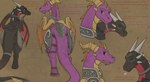 armor black_body black_scales dialogue discussion duo feet female feral horn jewelry male multi_horn necklace purple_body purple_scales rear_view scales sign tail text wings apollyondragon activision mythology spyro_the_dragon cynder spyro dragon mythological_creature mythological_scalie scalie 2023 comic digital_drawing_(artwork) digital_media_(artwork) english_text hi_res