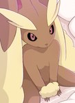 anthro bed black_sclera brown_body eyebrows female fur furniture high-angle_view long_ears on_bed pillow red_eyes sitting solo tan_body tan_eyebrows tan_fur thick_eyebrows three-quarter_view wrist_fluff rumine nintendo pokemon generation_4_pokemon lopunny pokemon_(species) hi_res