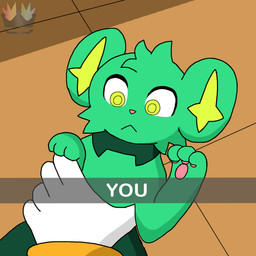 3_toes 5_fingers ambiguous_gender disembodied_hand duo feet feral feral_focus fingers floor frown fur green_body green_fur green_hair hair larger_ambiguous looking_down lying male male_focus mascot on_back pawpads pink_nose pink_pawpads size_difference smaller_feral smaller_male solo_focus text tile tile_floor toes yellow_inner_ear maximillianlad e621 nintendo pokemon snapchat who_knocked_over_my_onions esix strike_(strikerman) ambiguous_species felid feline generation_4_pokemon mammal pokemon_(species) shinx 1:1 2026 absurd_res english_text hi_res meme