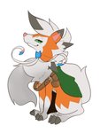 ambiguous_gender belt cape claws clothing digitigrade feral fluffy green_eyes looking_at_viewer pink_nose simple_background smug solo utility_belt mendobear nintendo pokemon canid canine dusk_lycanroc generation_7_pokemon lycanroc mammal pokemon_(species) 3:4 absurd_res hi_res