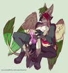 anthro anthro_on_anthro balls duo genitals knot male male/male penis simple_background size_difference text wings rexwind mythology ralek_(oc) avian canid canine fox gryphon mammal mythological_avian mythological_creature digital_media_(artwork) url