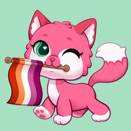 ambiguous_gender big_head blush chibi eyebrows feral flag flag_(object) fur green_eyes head_tuft heart_eyes heart_symbol holding_flag holding_object leg_markings lesbian_pride_colors lgbt_pride markings one_eye_closed orange_lesbian_pride_colors pawpads paws pink_body pink_fur pink_nose pointy_ears prick_ears pride_color_flag pride_colors smile socks_(marking) solo style_emulation tuft walking wink lithiumlps hasbro littlest_pet_shop fan_character domestic_cat felid feline felis mammal 1:1 absurd_res hi_res
