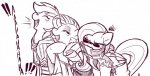 bodily_fluids eyes_closed eyewear feathered_wings feathers female feral group hair horn laugh long_hair open_mouth sunglasses sweat tail wings 0r0ch1 final_fantasy final_fantasy_x friendship_is_magic hasbro my_little_pony mythology square_enix auron_(final_fantasy) fluttershy_(mlp) rainbow_dash_(mlp) rarity_(mlp) tidus yuna_(final_fantasy_x) equid equine mammal mythological_creature mythological_equine pegasus unicorn crossover monochrome sketch