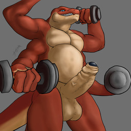 4_arms anthro balls bodily_fluids exercise first_person_view foreskin genital_fluids genitals humanoid_genitalia humanoid_penis male multi_arm multi_limb non-mammal_balls penis precum serpentine solo weightlifting workout hiddenraptor crius reptile scalie snake 1:1 hi_res