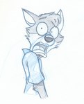 anthro black_nose blue_clothing blue_shirt blue_topwear clothing fur grey_body grey_fur male milo_(tredain) open_mouth pattern_clothing pattern_shirt pattern_topwear shirt shocked simple_background solo teeth_showing tongue_showing topwear white_background cirruskitfox canid canine canis mammal wolf hi_res sketch traditional_media_(artwork)