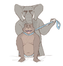 anthro clothed clothing diaper duo leash leash_pull male male/male overweight overweight_anthro overweight_male proboscis_(anatomy) simple_background trunk_(anatomy) tusks wearing_diaper fluffypamps bear elephant elephantid mammal proboscidean absurd_res hi_res
