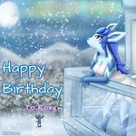 1:1 against_railing against_surface anthro aurora_(phenomenon) balcony birthday birthday_gift blubluumon blue_hair breasts butt cleavage clothed clothing dress duo eeveelution female generation_4_pokemon glaceon hair hi_res ice jacket leaning leaning_forward leaning_on_railing looking_away looking_up lucario male male/female moon nintendo pokemon pokemon_(species) railing snow standing topwear white_clothing white_dress