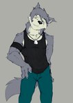 anthro armband black_clothing black_shirt black_tank_top black_topwear blue_bottomwear blue_clothing blue_pants bottomwear clothing denim denim_bottomwear denim_clothing dog_tags fur grey_body grey_fur grey_hair hair jeans male pants pecs shirt smile smirk solo tan_body tan_fur tank_top topwear yellow_eyes hopelesshighschool morenatsu kouya_(morenatsu) canid canine canis domestic_dog husky mammal nordic_sled_dog spitz 2024 hi_res