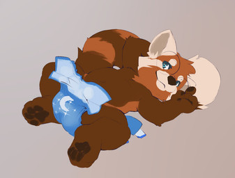 anthro bedroom_eyes black_pawpads blue_diaper diaper diaper_change dipstick_tail eyewear fur glasses looking_at_viewer male markings narrowed_eyes open_diaper pawpads red_body red_fur seductive simple_background slightly_chubby solo striped_body striped_fur stripes tail tail_markings seth-iova jet_(tropojet) ailurid mammal red_panda