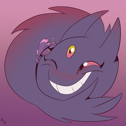 3_eyes ambiguous_gender anthro biped black_body black_fur blush blush_lines cuddling curled_up duo female feral fur grin half-closed_eyes larger_female looking_at_another lying lying_on_another multi_eye narrowed_eyes on_front one_eye_closed simple_background size_difference smaller_ambiguous smile fuf nintendo pokemon generation_4_pokemon generation_6_pokemon mega_evolution mega_gengar mismagius pokemon_(species) 1:1 2019 hi_res