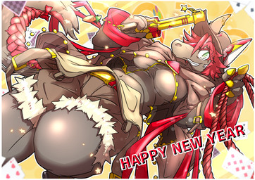anthro bottomwear braided_tail breasts brown_body brown_fur clothed clothing cowboy cowboy_hat cowboy_outfit female footwear fur gun hair hat headgear headwear holidays hotpants ranged_weapon red_hair shoes shorts smile solo tail text thick_thighs weapon mttbsmn new_year equid equine horse mammal pony absurd_res english_text hi_res