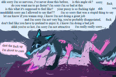 anthro anthro_on_anthro apologetic apology blue_body blue_fur blue_nose defloration dialogue duo female fur male male/female male_virgin nervous pink_body pink_fur profanity sex smile stated_virginity text virgin wall_of_text demensa emil_(demensa) canid canine canis coyote domestic_dog hybrid mammal 2023 3:2 english_text