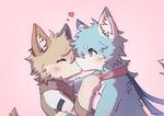 ambiguous_gender anthro blue_body blue_fur blush blush_lines brown_eyes clothing clothing_pull duo eyes_closed fur heart_symbol kemono kiss_on_lips kissing romantic scar self-harm_scars white_body white_fur sgnihtecin domestic_cat felid feline felis mammal hi_res male_(lore)