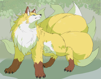 after_transformation claws digitigrade dipstick_ears ear_markings feral finger_claws fluffy fluffy_tail forest fur gloves_(marking) green_eyes leg_markings male markings multi_tail multicolored_ears permanent permanent_transformation plant pupils quadruped simple_background slit_pupils snout socks_(marking) solo tail toe_claws transformation tree yakumomidori1 mythology canid canine fox fox_spirit mammal mythological_creature digital_media_(artwork) hi_res