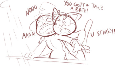anthro arm_grab bath clothing dialogue duo fangs flower_on_head front_view hat hat_only headgear headgear_only headwear headwear_only humor looking_at_another male mostly_nude no_pupils nude open_mouth sharp_teeth shoulder_grab shower teeth text top_hat water yelling felino pixile_studios super_animal_royale d.d._(blissman2020) fan_character super_snowshoe_peter canid canine canis domestic_cat domestic_dog felid feline felis mammal snowshoe_cat 2025 english_text hi_res sketch